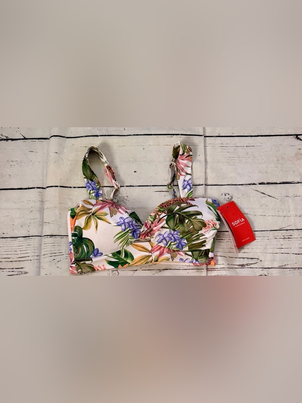 sofia by sofia vergara White Floral Bikini Top with Green and Purple Print